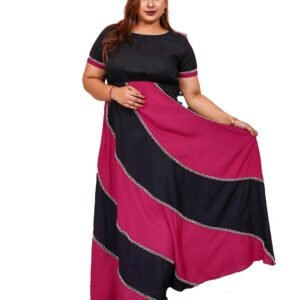 DEEBACO Women’s Solid Rayon Flared with Maxi Length Fit & Flare Plus Size Dress Round Neck Puff Half Sleeves Summer Wear Dress Western Party Casual Wear Outfits for Ladies (Multicolor)