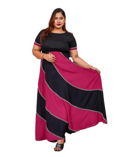 DEEBACO Women’s Solid Rayon Flared with Maxi Length Fit & Flare Plus Size Dress Round Neck Puff Half Sleeves Summer Wear Dress Western Party Casual Wear Outfits for Ladies (Multicolor)